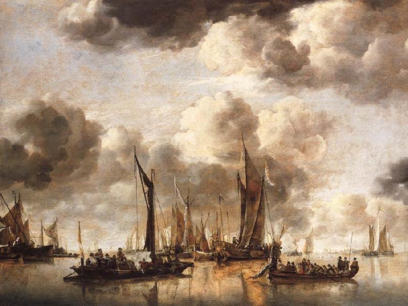 Jan van de Cappelle A Dutch Yacht Firing a Salute as a Barge Pulls Away and Many Small vessels at Anchor oil painting picture